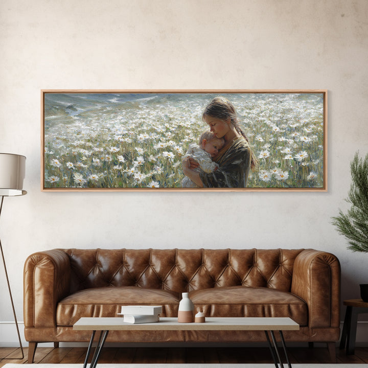 Peaceful Mother Cradling Baby In White Daisy Meadow Canvas Print, Nature Wall Art, Feminine Nursery Decor Gift For New Mom
