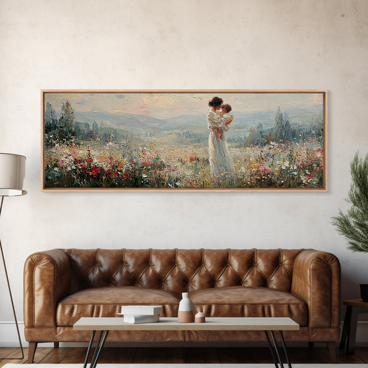 Mother Holding Infant Above Misty Floral Valley Canvas Print, Landscape Wall Art, Romantic Bedroom Decor Housewarming Gift