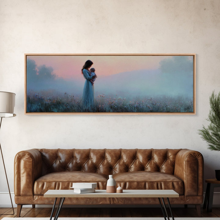 Mother And Baby At Misty Pink Dawn Framed Canvas Print, Moody Wall Art, Feminine Nursery Decor, Romantic Bedroom Gift For Mom