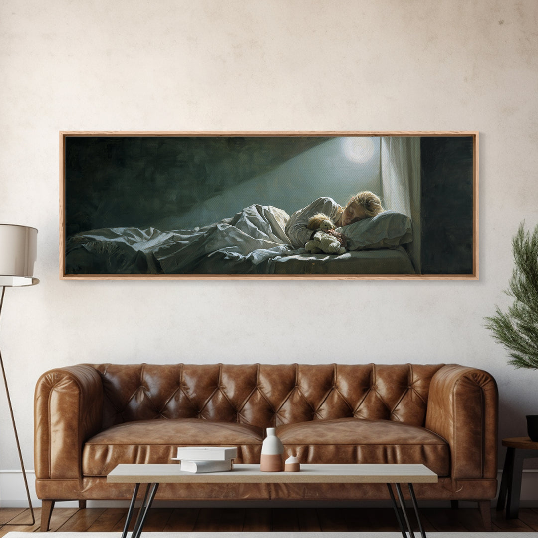 Moonlit Mother And Child Sleeping Beside Teddy Bear Canvas Print, Calming Wall Art, Nursery Bedroom Decor Gift For New Mom