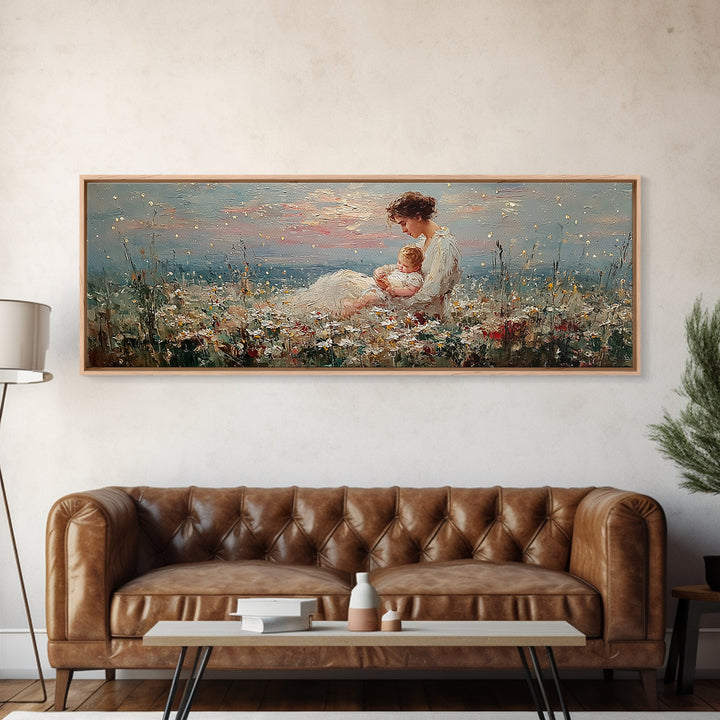 Mother And Baby Wildflower Meadow Wall Art, Angelic Nursery Decor, Feminine Fine Art Print, Gift For Mom, Living Room Decor