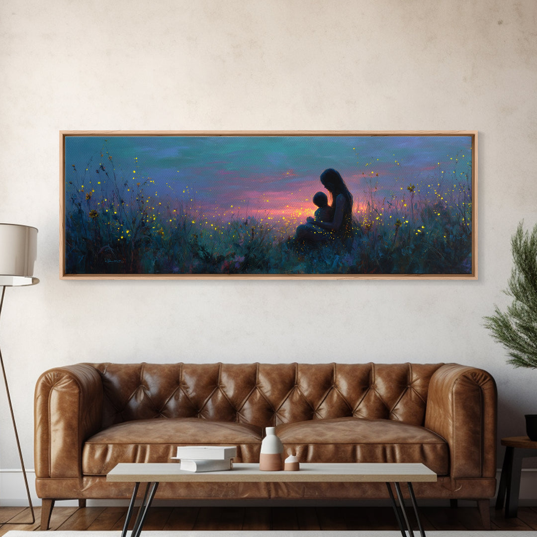Mother And Child Twilight Meadow Canvas Print, Celestial Firefly Wall Decor, Boho Nursery Art, Gift For Mom, Bedroom Decor