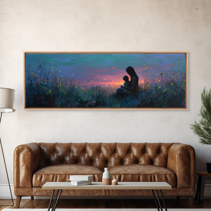 Mother And Child Twilight Meadow Canvas Print, Celestial Firefly Wall Decor, Boho Nursery Art, Gift For Mom, Bedroom Decor