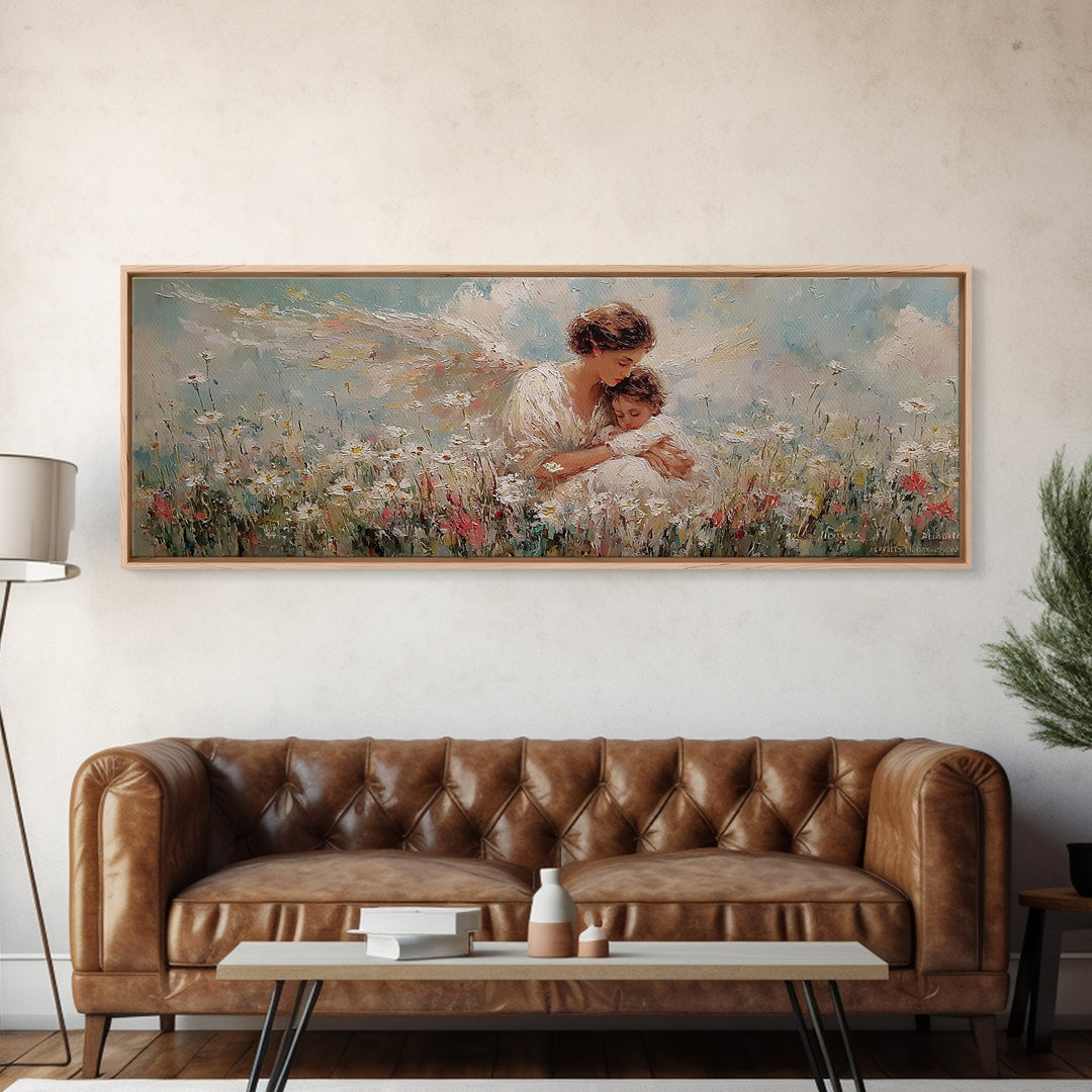 Guardian Angel And Child Framed Canvas Print, Wildflower Meadow Wall Art, Christian Nursery Decor, Gift For Mom, Fine Art