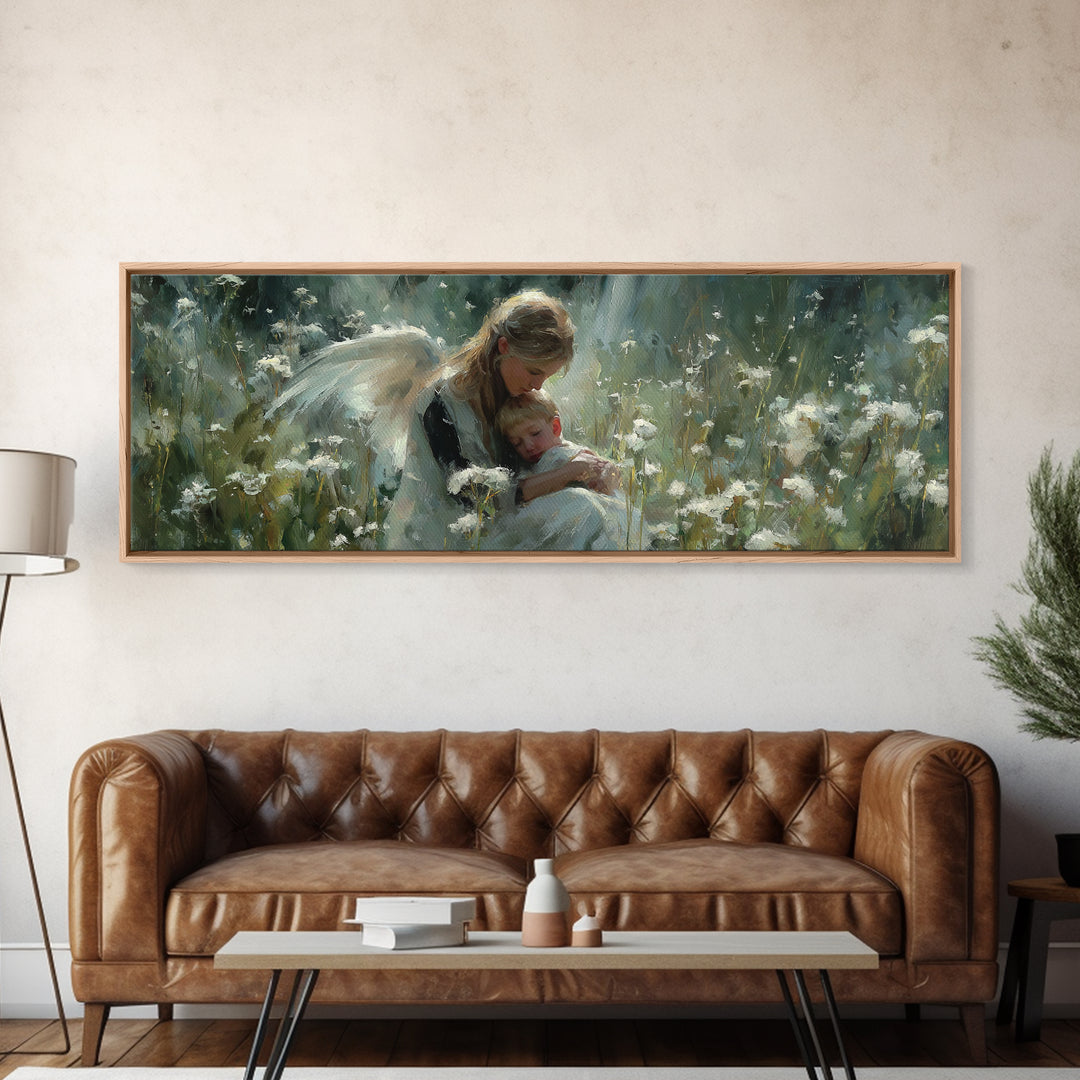 Blonde Guardian Angel With Baby Wall Art, Serene Wildflower Meadow Canvas Print, Christian Nursery Decor, Gift For Her, Home Decor
