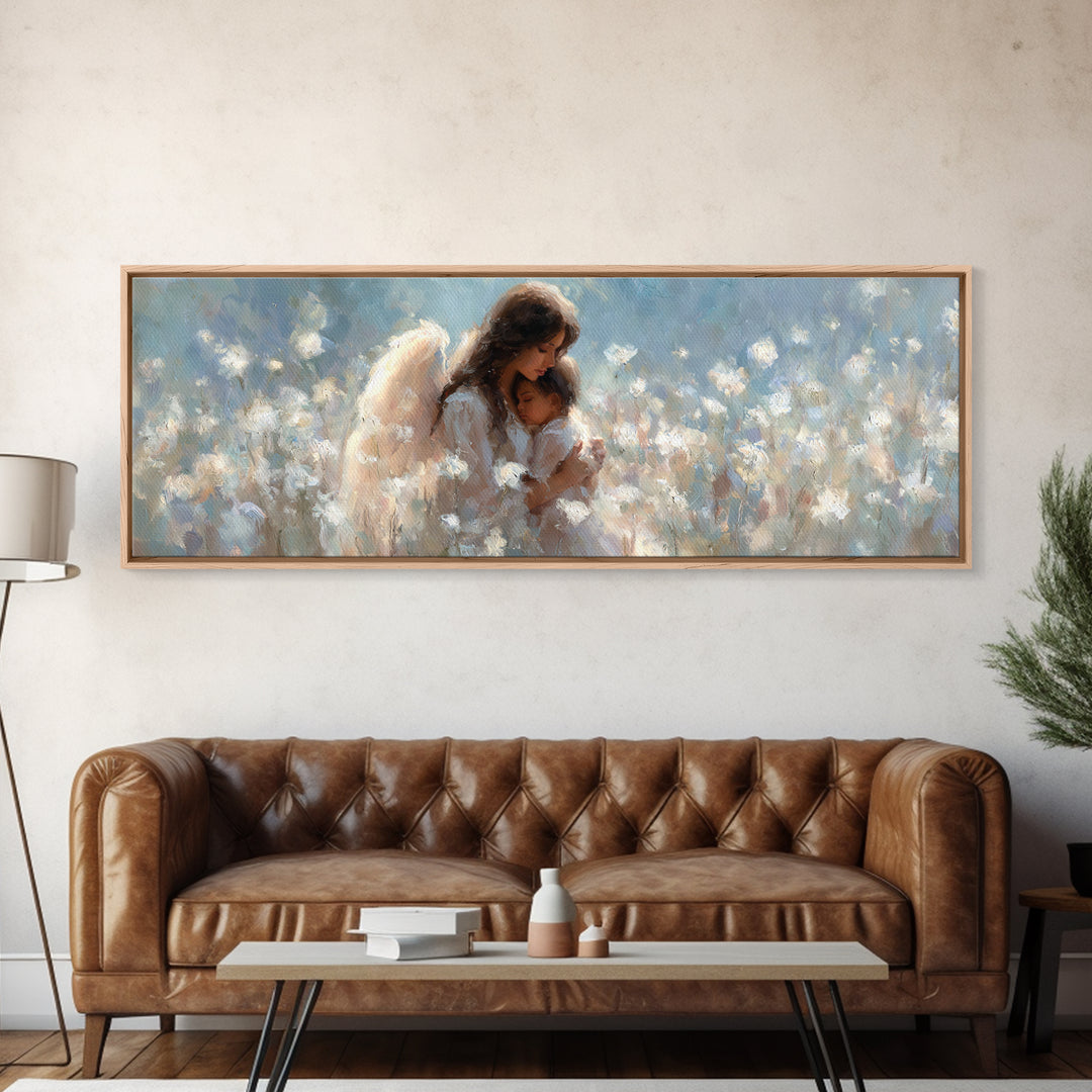 Angel Mother And Child In White Flowers Canvas Print, Dreamy Nursery Wall Art, Christian Home Decor, Gift For Mom, Fine Art