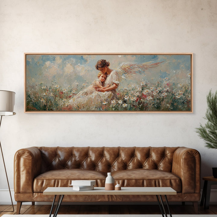 Mother Angel Holding Baby In Wildflowers Wall Art, Soft Pastel Canvas Print, Christian Nursery Decor, Gift For Mom, Home Decor