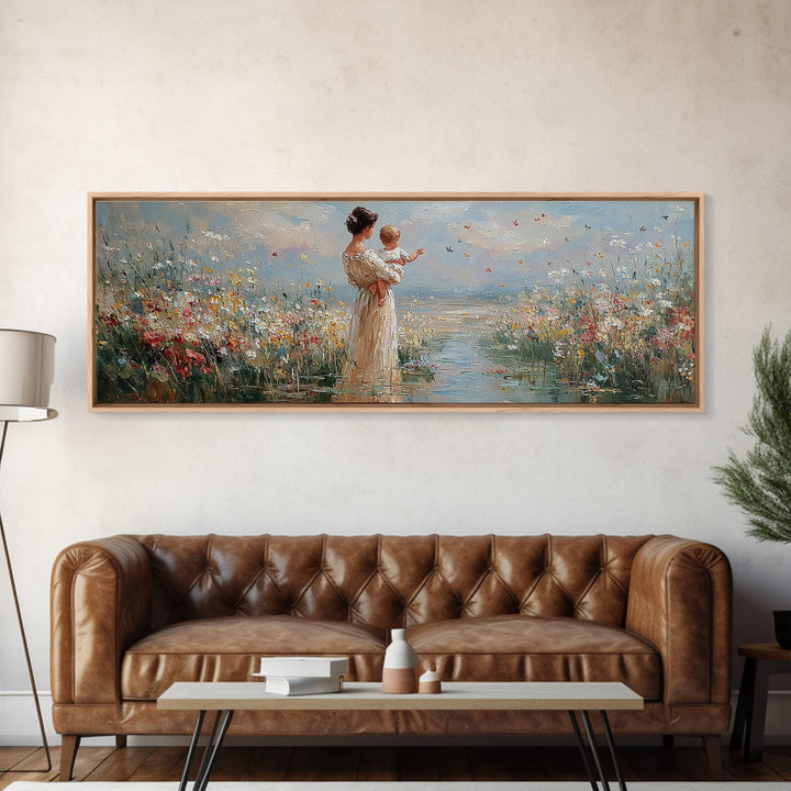 Mother Holding Baby By The Sea Wall Art, Wildflower Coastal Landscape Canvas Print, Nursery Decor, Gift For Mom, Fine Art