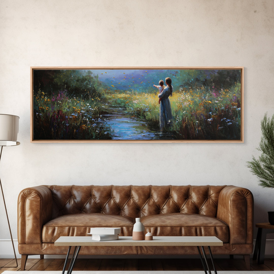 Mother And Child Beside Moonlit Stream Wall Art, Firefly Meadow Canvas Print, Spiritual Nursery Decor, Gift For Mom, Home Decor
