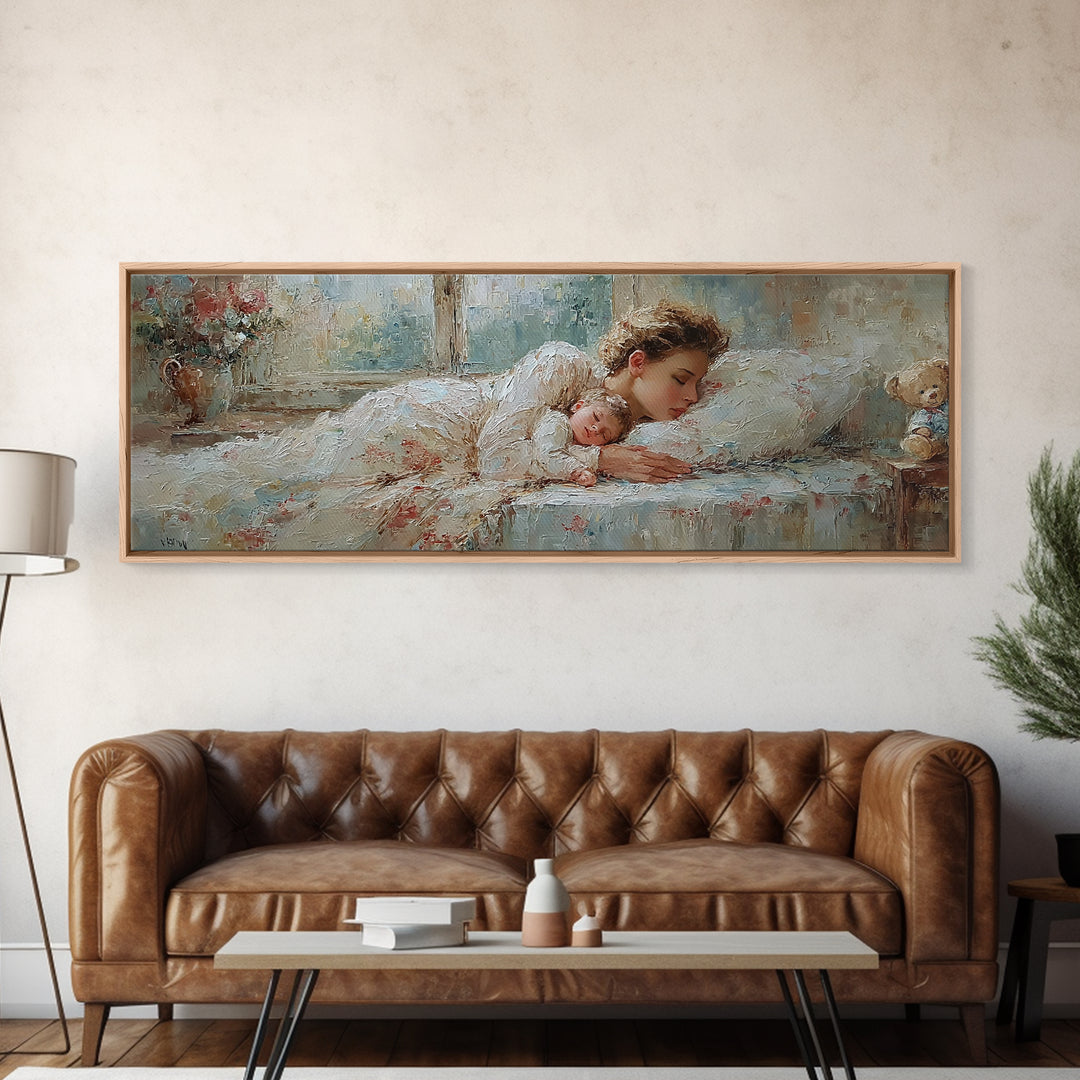 Sleeping Mother And Baby In Soft Light Wall Art, Tender Nursery Decor, Bedroom Canvas, Gift For Mom, Motherhood Art Print