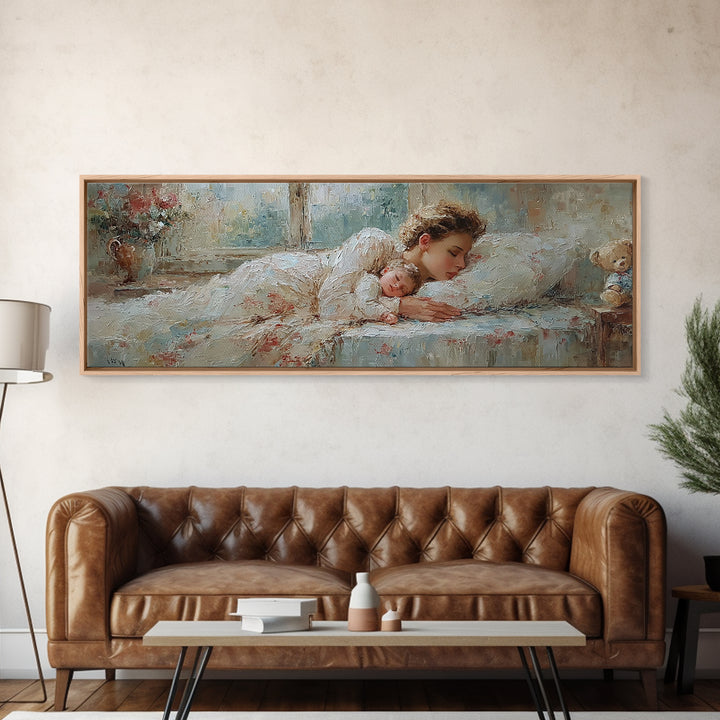 Sleeping Mother And Baby In Soft Light Wall Art, Tender Nursery Decor, Bedroom Canvas, Gift For Mom, Motherhood Art Print