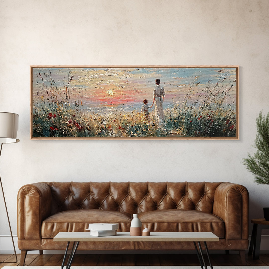 Mother And Child By Sunset Sea Canvas Print, Coastal Wall Art, Living Room Decor, Gift For Mom, Serene Beach Home Decor Prints