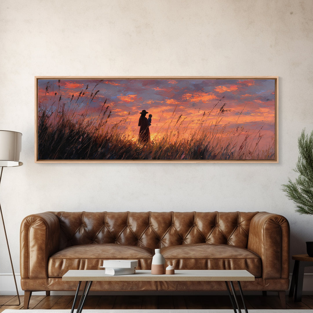 Silhouette Mother Holding Baby At Fiery Sunset Wall Art, Moody Landscape Painting, Gift For Her, Warm Bedroom Decor Canvas Print