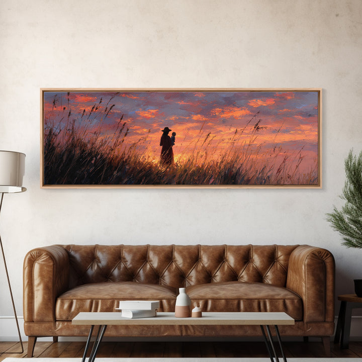 Silhouette Mother Holding Baby At Fiery Sunset Wall Art, Moody Landscape Painting, Gift For Her, Warm Bedroom Decor Canvas Print
