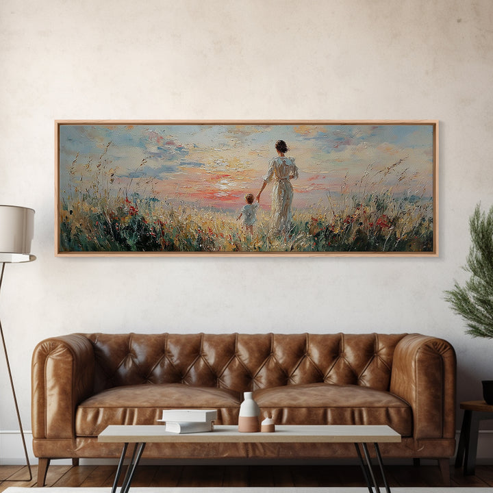 Mother And Child Walking Through Coastal Flowers Framed Canvas Print, Beach House Decor, Living Room Wall Art, Gift For Mom