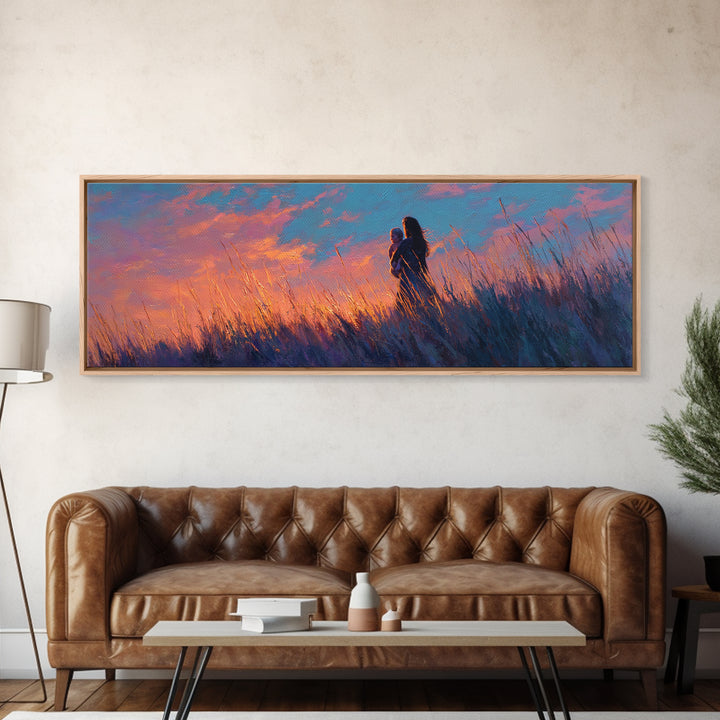 Mother Holding Baby In Purple Sunset Meadow Canvas Print, Romantic Wall Art, Moody Bedroom Decor, Gift For Her, Nursery Art