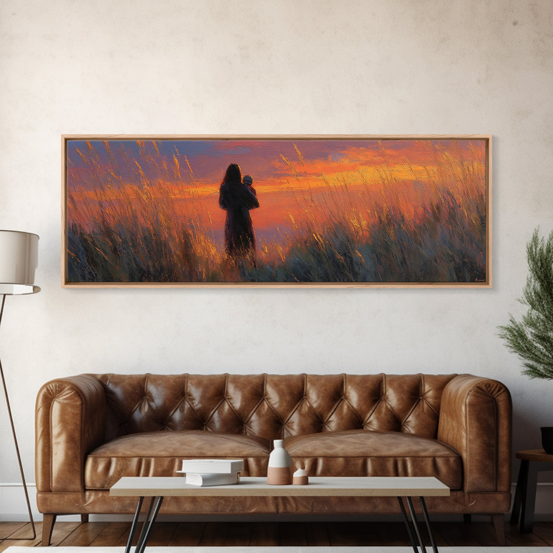 Mother And Baby Silhouette In Golden Field Wall Art, Sunset Landscape Painting, Warm Home Decor, Gift For Mom, Canvas Print
