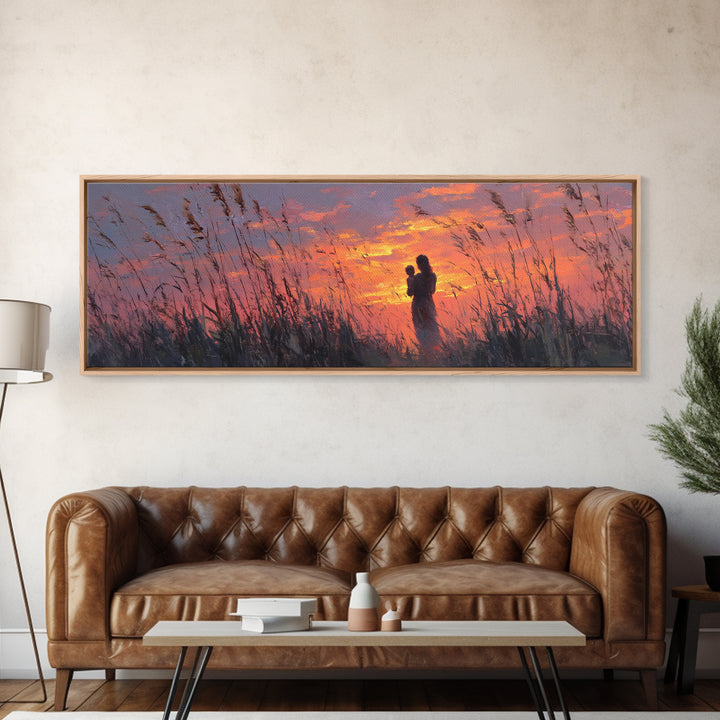 Mother Holding Baby At Rose Sunset Framed Canvas Print, Romantic Nursery Wall Art, Calming Bedroom Decor, Gift For Her And Mom