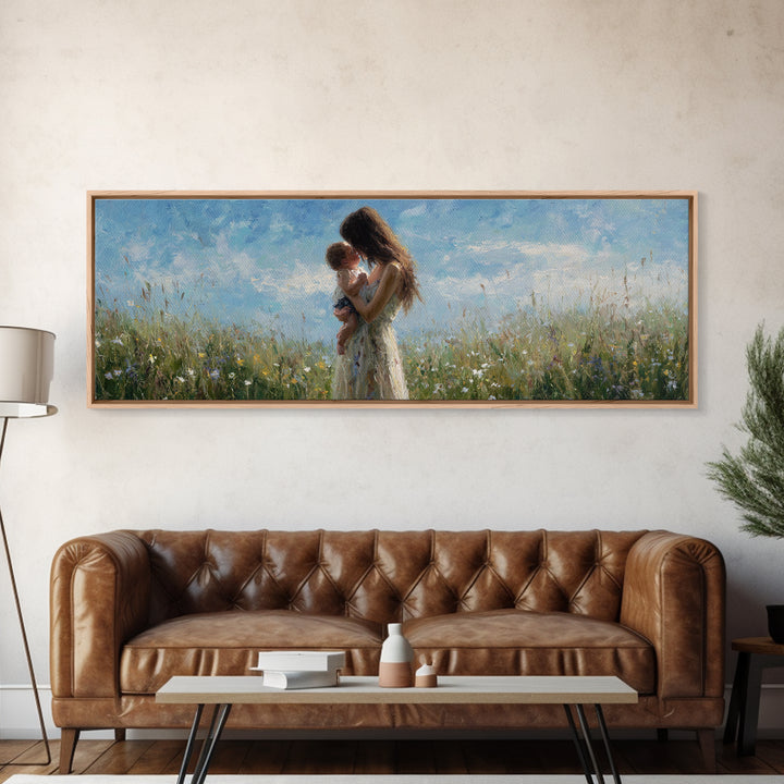 Mother Holding Baby In Wildflower Meadow Wall Art, Impressionist Floral Nursery Decor, Mothers Day Gift, Serene Living Room Print