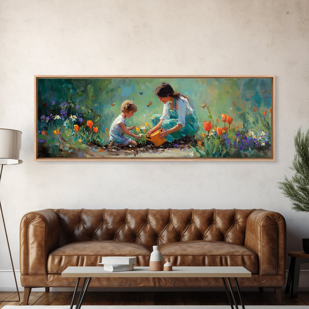 Mother And Child Planting Tulips Canvas Print, Whimsical Garden Wall Art, Floral Nursery Decor, Gift For Mom Cozy Home Decor