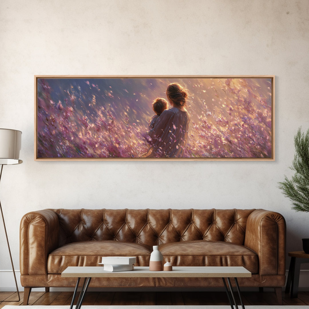 Mother Holding Child In Purple Wildflower Meadow Framed Canvas Print, Romantic Floral Wall Art, Nursery Decor, Gift For Mom