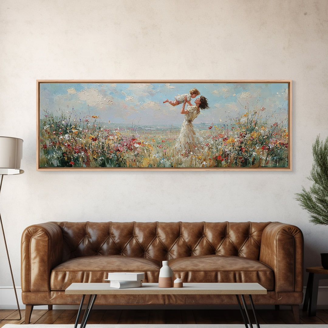Mother Lifting Baby By Seaside Wildflowers Wall Art, Impressionist Coastal Canvas Print, Nursery Decor, Mothers Day Gift