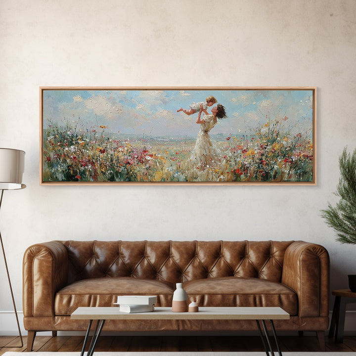 Mother Lifting Baby By Seaside Wildflowers Wall Art, Impressionist Coastal Canvas Print, Nursery Decor, Mothers Day Gift