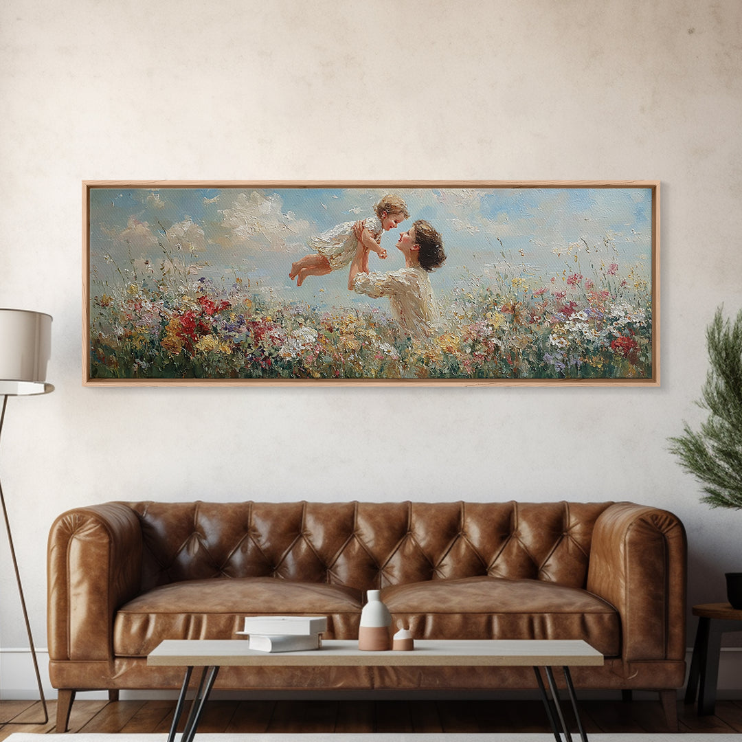 Mother Tossing Baby Above Wildflower Meadow Framed Canvas Print, Joyful Floral Wall Art, Nursery Decor, Mothers Day Gift