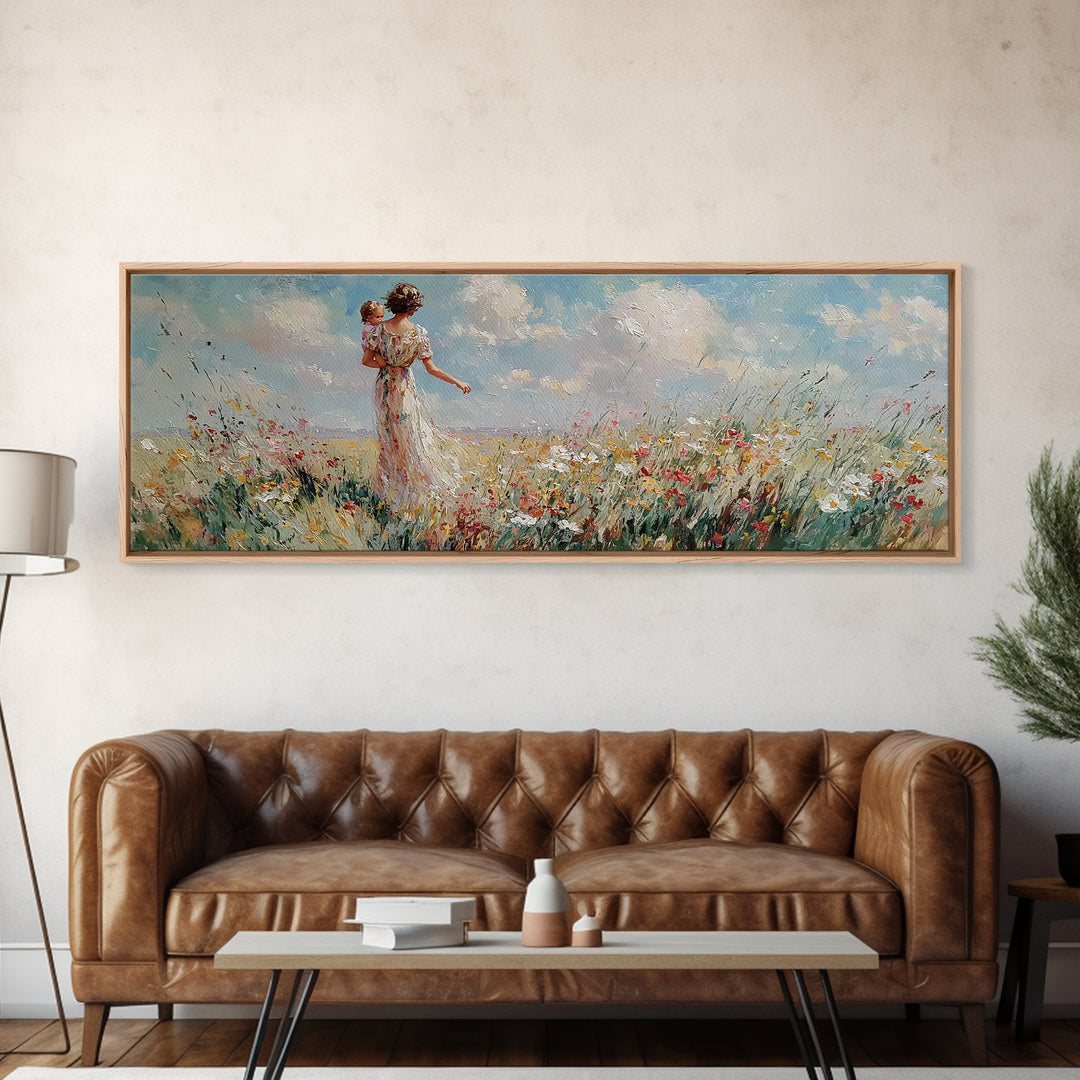 Mother Carrying Baby Through Wildflower Meadow Wall Art, Impressionist Landscape Canvas Print, Nursery Decor, Gift For Mom