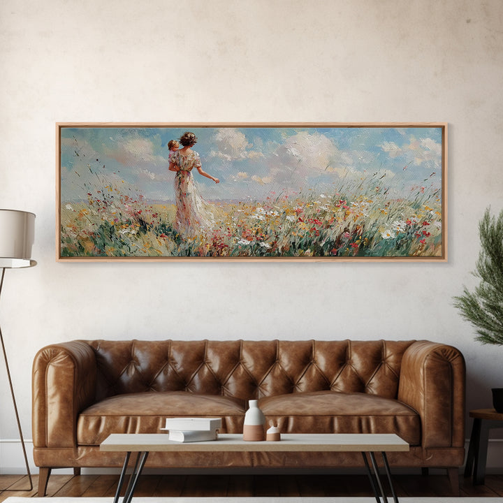 Mother Carrying Baby Through Wildflower Meadow Wall Art, Impressionist Landscape Canvas Print, Nursery Decor, Gift For Mom