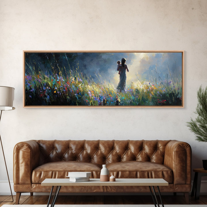 Mother And Child Silhouette In Moonlit Wildflower Meadow Canvas Print, Moody Wall Art, Nursery Decor, Gift For Mom Home Decor