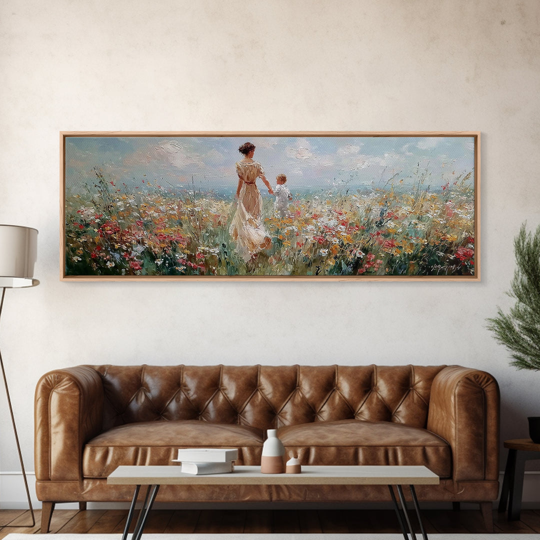 Mother And Child Holding Hands In Coastal Wildflower Meadow Wall Art, Impressionist Canvas Print, Nursery Decor, Gift For Mom