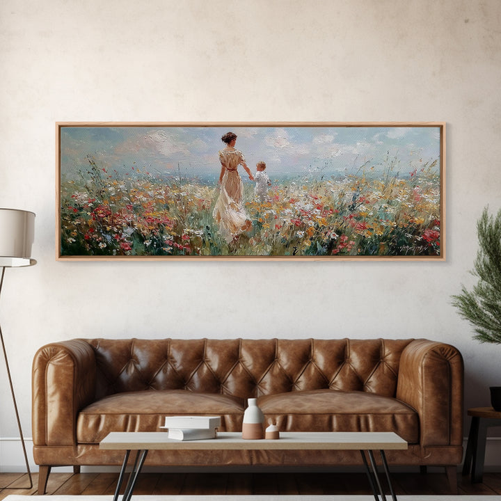 Mother And Child Holding Hands In Coastal Wildflower Meadow Wall Art, Impressionist Canvas Print, Nursery Decor, Gift For Mom