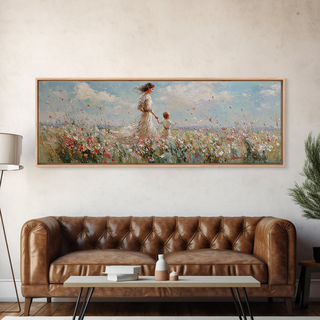 Mother And Child Walking Through Wildflowers Wall Art, Impressionist Meadow Canvas Print, Nursery Decor Gift For Mom And Her