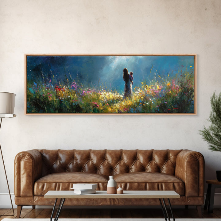 Moonlit Mother Holding Baby In Wildflower Meadow Wall Art, Impressionist Canvas Print, Nursery Decor Gift For Mom And Her