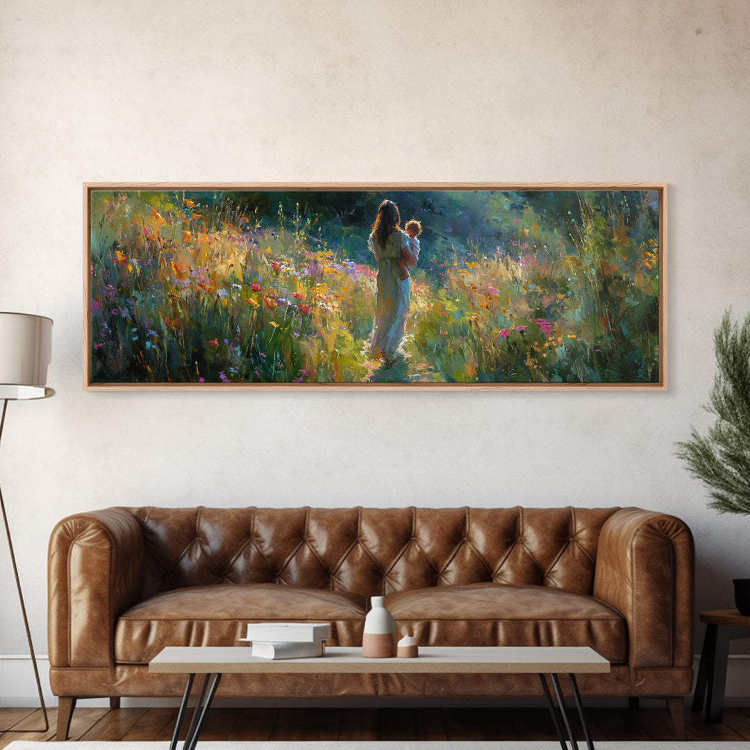 Mother And Baby In Sunlit Wildflower Path Wall Art, Impressionist Landscape Canvas Print, Nursery Decor Gift For Mom And Her