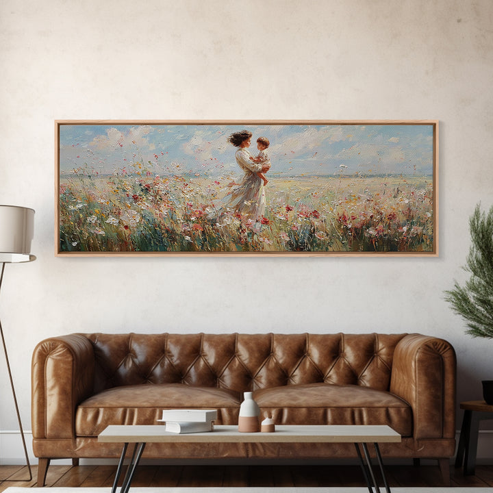 Mother Embracing Child In Breezy Wildflower Field Wall Art, Impressionist Canvas Print, Feminine Nursery Decor Gift For Mom