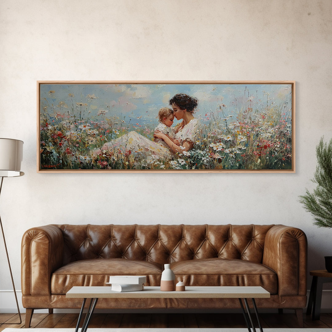 Seated Mother Cuddling Baby Among Wildflowers Wall Art, Impressionist Floral Canvas Print, Nursery Decor Gift For Mom And Her
