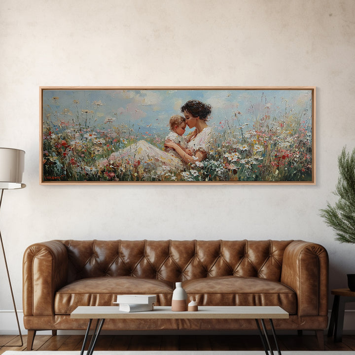 Seated Mother Cuddling Baby Among Wildflowers Wall Art, Impressionist Floral Canvas Print, Nursery Decor Gift For Mom And Her