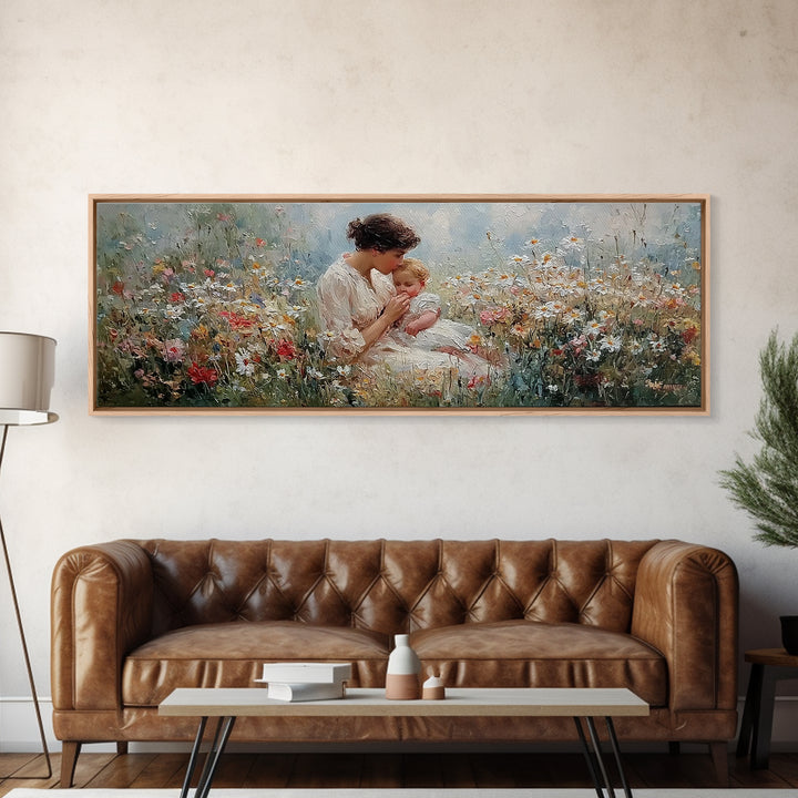 Tender Mother Kissing Baby In Floral Meadow Wall Art, Impressionist Framed Canvas Print, Nursery Decor Gift For Mom And Her
