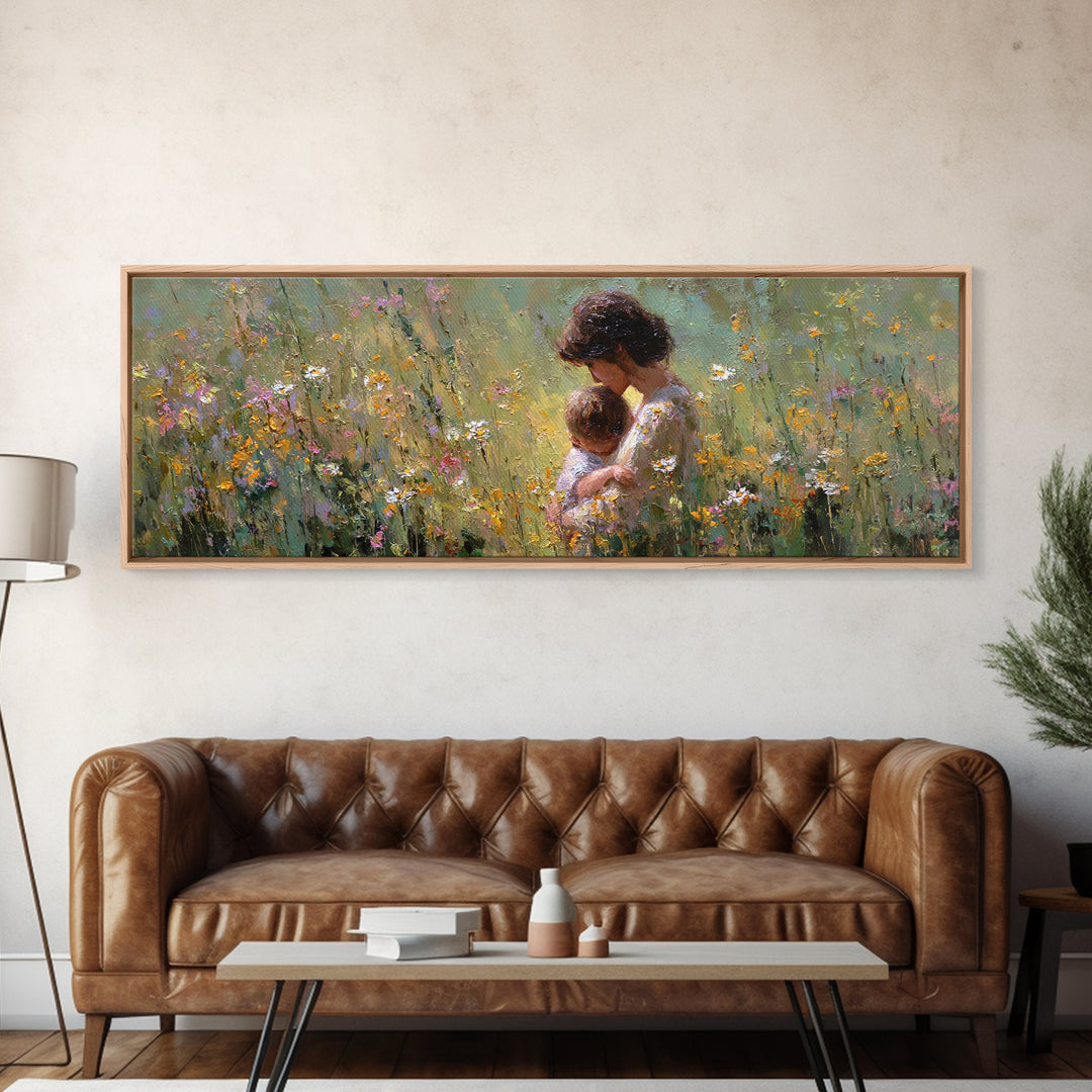 Mother Snuggling Baby In Golden Wildflower Meadow Wall Art, Impressionist Canvas Print, Feminine Nursery Decor Gift For Mom