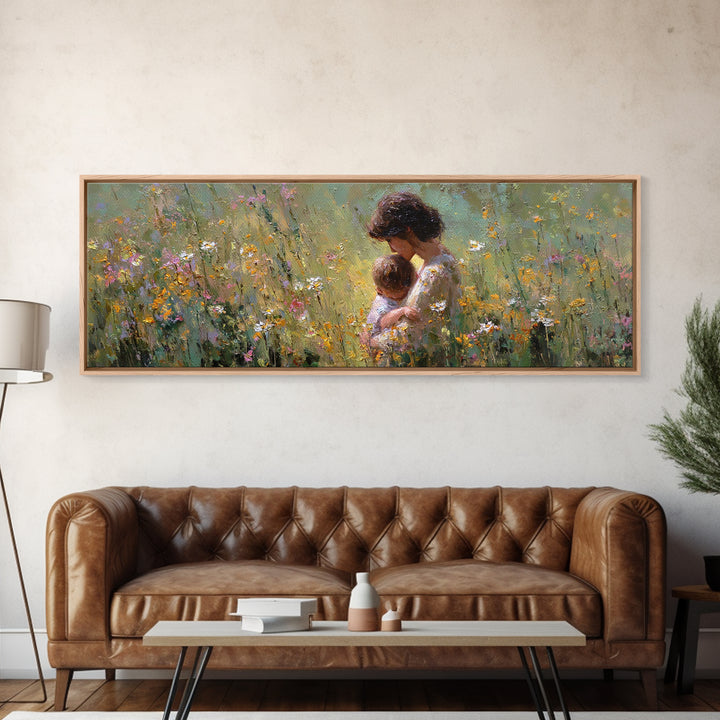Mother Snuggling Baby In Golden Wildflower Meadow Wall Art, Impressionist Canvas Print, Feminine Nursery Decor Gift For Mom