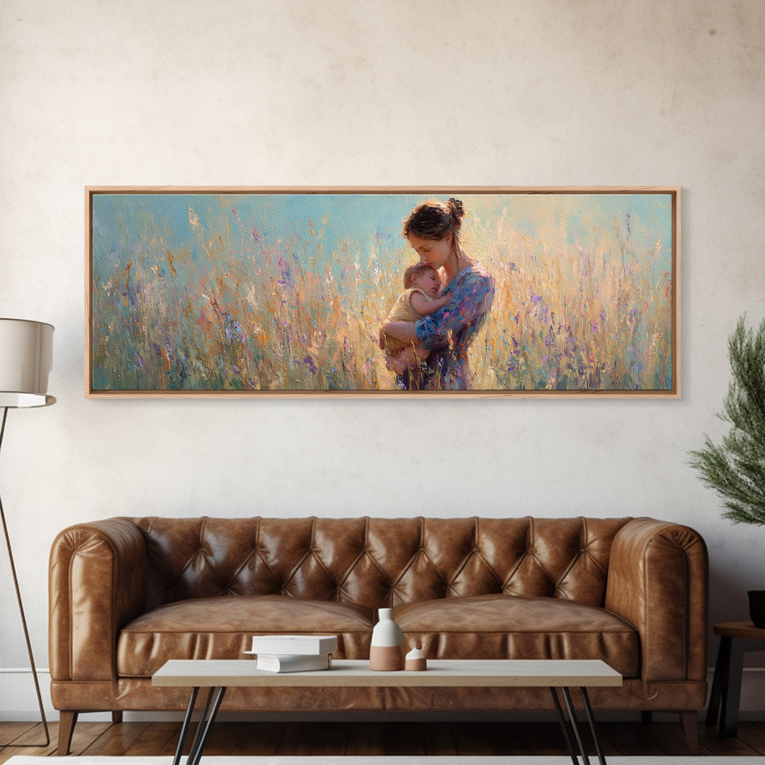 Mother Holding Newborn In Pastel Meadow Wall Art, Impressionist Floral Canvas Print, Baby Nursery Decor Gift For Mom And Her