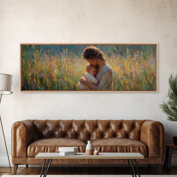 Mother And Sleeping Baby In Glowing Meadow Wall Art, Impressionist Framed Canvas Print, Nursery Decor Gift For Mom And Her