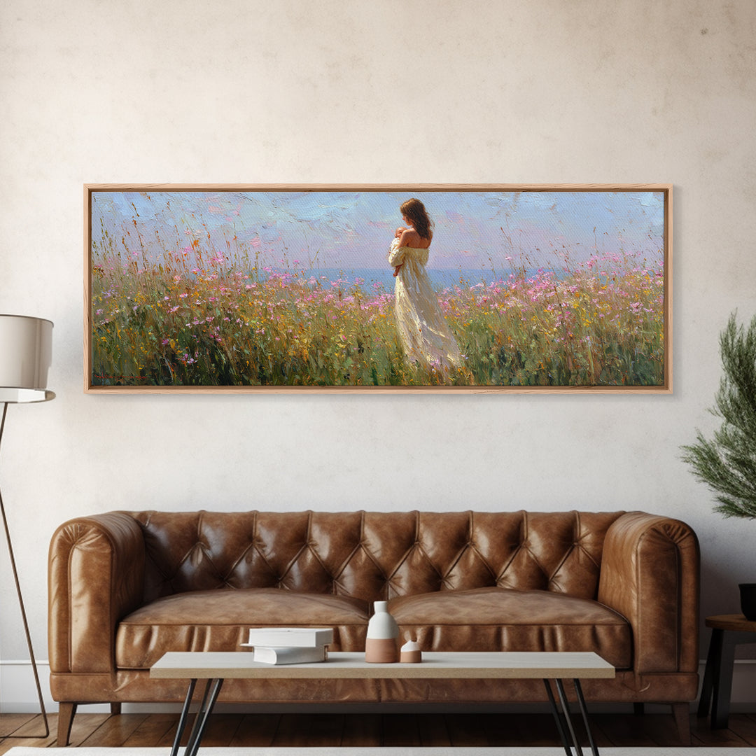 Mother Holding Baby In Open Wildflower Field Wall Art, Impressionist Landscape Canvas Print, Feminine Nursery Decor Gift