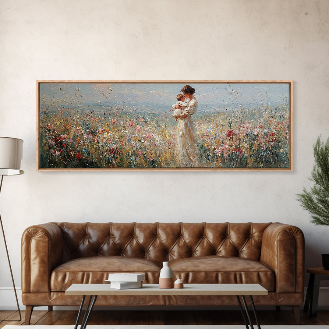 Mother And Baby In Wildflower Meadow Wall Art, Panoramic Canvas Print For Nursery Decor, Feminine Bedroom, Gift For Mom Art