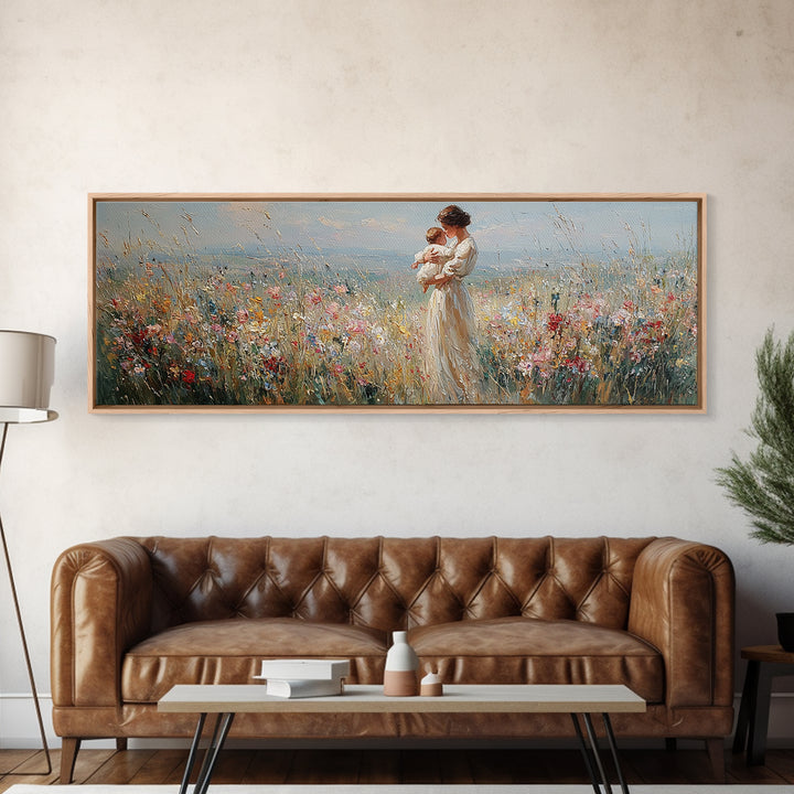 Mother And Baby In Wildflower Meadow Wall Art, Panoramic Canvas Print For Nursery Decor, Feminine Bedroom, Gift For Mom Art