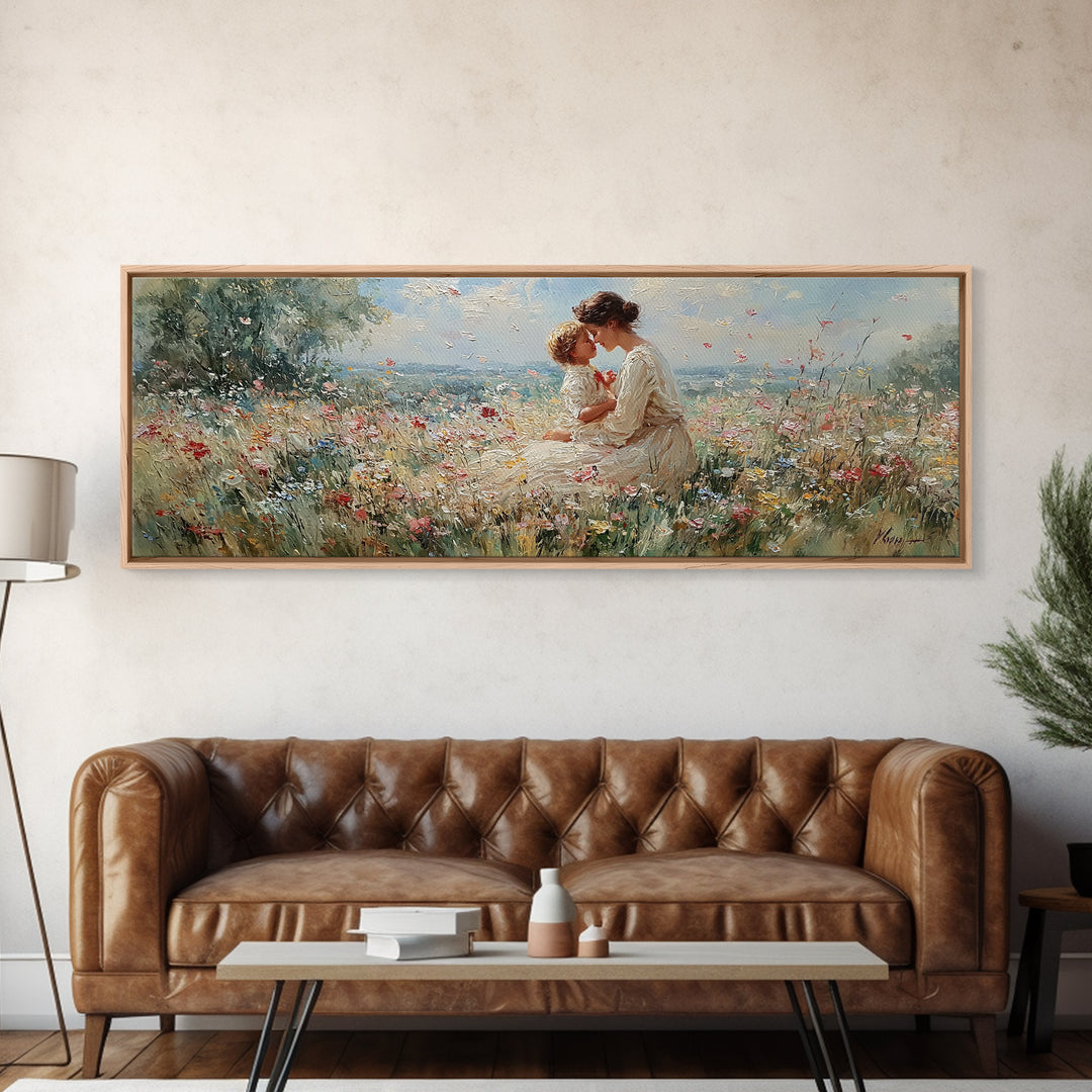 Mother Kissing Child In Butterfly Meadow Wall Art, Panoramic Framed Canvas Print, Floral Nursery Decor, New Mom Gift For Her