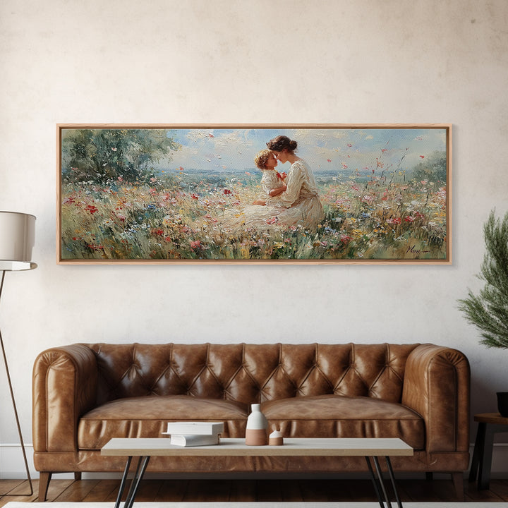 Mother Kissing Child In Butterfly Meadow Wall Art, Panoramic Framed Canvas Print, Floral Nursery Decor, New Mom Gift For Her
