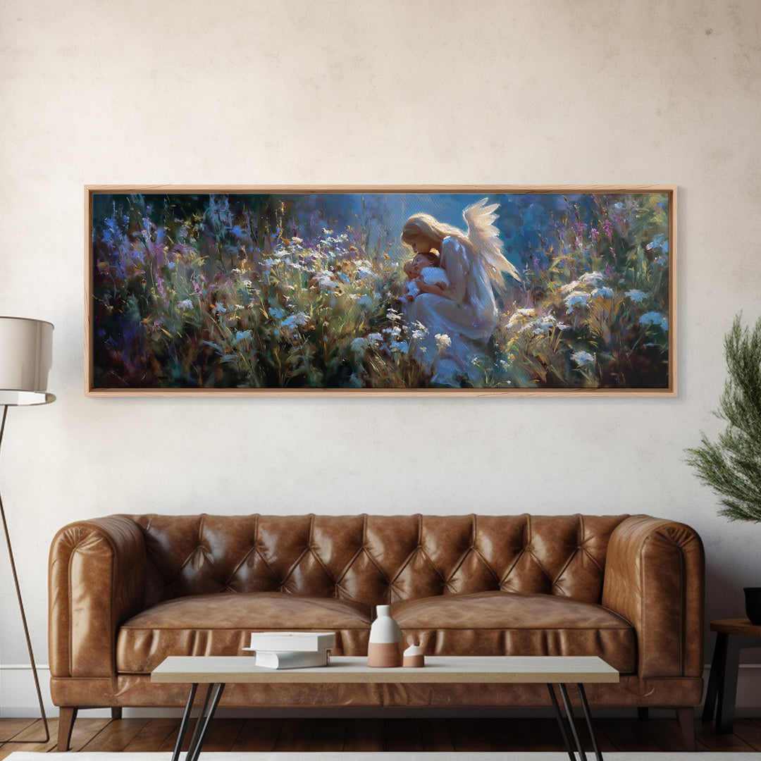 Angel Mother Holding Baby In Moonlit Flowers Wall Art, Spiritual Framed Canvas Print, Celestial Nursery Decor, Baptism Gift
